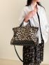 Leopard Pattern Studded Decor Top Handle Bag