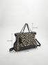 Leopard Pattern Studded Decor Top Handle Bag