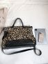 Leopard Pattern Studded Decor Top Handle Bag