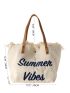 Letter Graphic Shoulder Tote Bag Oversized Canvas