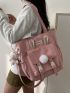 Letter Patch Shoulder Tote Bag Pom Pom Decor With Bag Charm For School