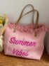 Letter Embroidered Fringe Decor Tote Bag