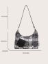 Plaid Pattern Chain Decor Raw Trim Hobo Bag