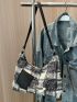 Plaid Pattern Frayed Chain & Faux Pearl Decor Hobo Bag