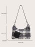 Plaid Pattern Frayed Chain & Faux Pearl Decor Hobo Bag