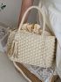 Tassel & Faux Pearl Decor Drawstring Design Straw Bag