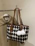 Geometric Pattern Pom Pom Decor Shoulder Tote Bag