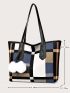 Plaid Pattern Shoulder Tote Bag With Bag Charm