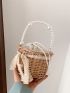 Mini Faux Pearl Decor Drawstring Design Straw Bag