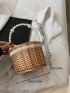 Mini Faux Pearl Decor Drawstring Design Straw Bag