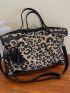 Leopard Pattern Studded Decor Top Handle Bag