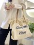 Letter Embroidered Raw Hem Shopper Bag