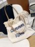 Letter Embroidered Raw Hem Shopper Bag