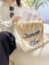 Letter Embroidered Raw Hem Shopper Bag