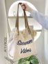 Letter Embroidered Raw Hem Shopper Bag