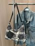 Plaid Pattern Chain Decor Raw Trim Hobo Bag