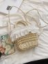 Mini Lace Decor Drawstring Design Straw Bag