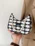 Plaid Pattern Faux Pearl Decor Hobo Bag