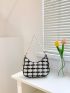 Plaid Pattern Faux Pearl Decor Hobo Bag