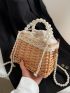 Faux Pearl Beaded Bow Decor Drawstring Design Straw Bag