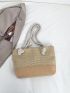 Medium Straw Bag Double Handle With Twilly Scarf Decor For Vacation