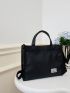 Small Top Handle Bag Double Handle Letter Patch Decor Solid Black