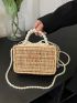 Faux Pearl Beaded Faux Pearl Decor Drawstring Design Straw Bag