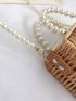 Faux Pearl Beaded Faux Pearl Decor Drawstring Design Straw Bag