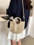 Small Straw Bag Double Handle Twilly Scarf Decor For Beach