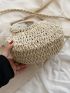 Small Straw Bag Double Handle Twilly Scarf Decor For Beach