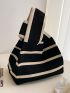 Handmade Knit Handbag Women Mini Knot Wrist Bag Casual Color Wide Stripe Plaid Tote Bag Student Shopping Bag