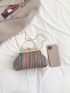 Small Straw Bag Colorblock Striped Pattern Kiss Lock