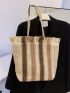 Striped Pattern Fringe Trim Straw Bag