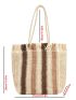 Striped Pattern Fringe Trim Straw Bag