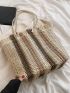 Striped Pattern Fringe Trim Straw Bag