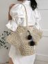 Pom Pom Decor Straw Bag