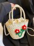 Mini Flower Decor Drawstring Design Straw Bag