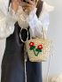 Mini Flower Decor Drawstring Design Straw Bag