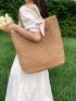 Bow Decor Straw Bag Large Capacity Shoulder Tote Bag For Vacation