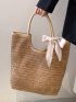 Bow Decor Straw Bag Large Capacity Shoulder Tote Bag For Vacation