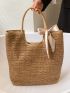 Bow Decor Straw Bag Large Capacity Shoulder Tote Bag For Vacation