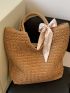 Bow Decor Straw Bag Large Capacity Shoulder Tote Bag For Vacation