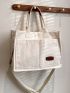 Letter Patch Decor Corduroy Shopper Bag