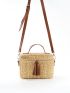 Mini Bucket Bag Tassel Decor Straw Bag For Vacation