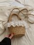 Mini Ruffle Trim Drawstring Design Straw Bag