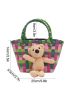 Plaid Pattern Bear Decor Bucket Bag