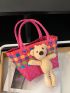 Mini Plaid Pattern Bear Decor Bucket Bag