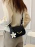 Mini Litchi Embossed Flower Decor Flap Square Bag