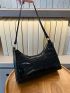 Crocodile Embossed Baguette Bag Black Zipper