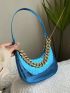 Neon Blue Crocodile Embossed Chain Decor Hobo Bag